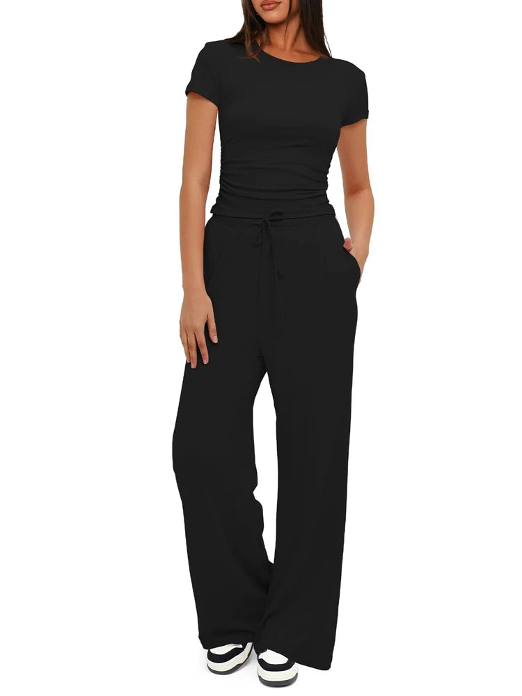 Women's Summer Casual 2-Piece Tracksuit – O-Neck T-Shirt & Wide-Leg Pants Set Style Heaven