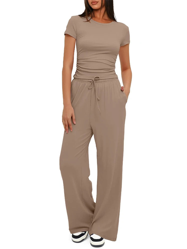 Women's Summer Casual 2-Piece Tracksuit – O-Neck T-Shirt & Wide-Leg Pants Set Style Heaven