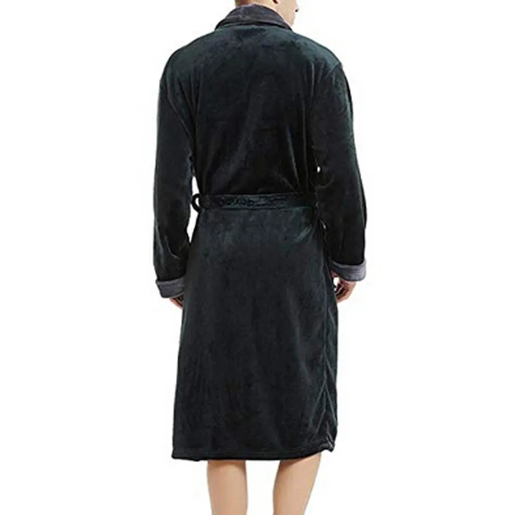 Men’s Winter Flannel Hooded Bathrobe – Warm Solid Color Nightgown with Belt & Pockets - Style Heaven