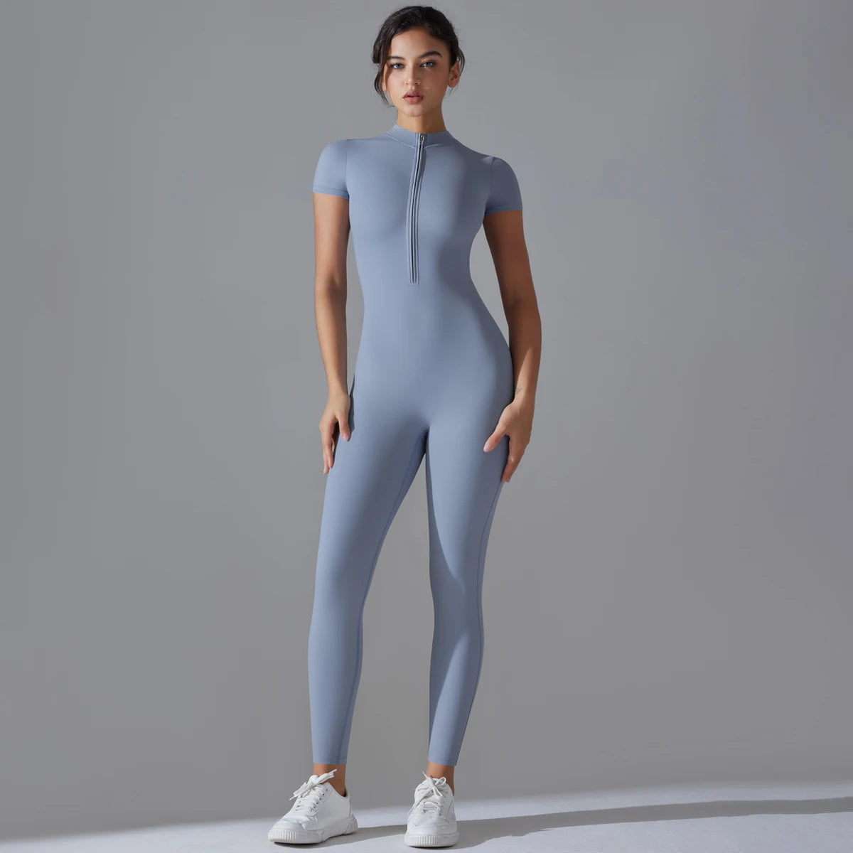 Women’s One-Piece Short Sleeve Yoga Jumpsuit with Zipper – Push-Up Gym Fitness Bodysuit Style Heaven