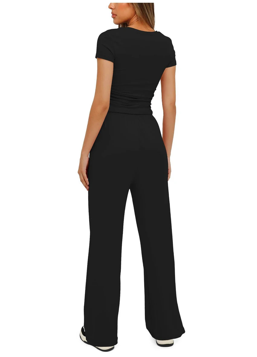 Women's Summer Casual 2-Piece Tracksuit – O-Neck T-Shirt & Wide-Leg Pants Set Style Heaven