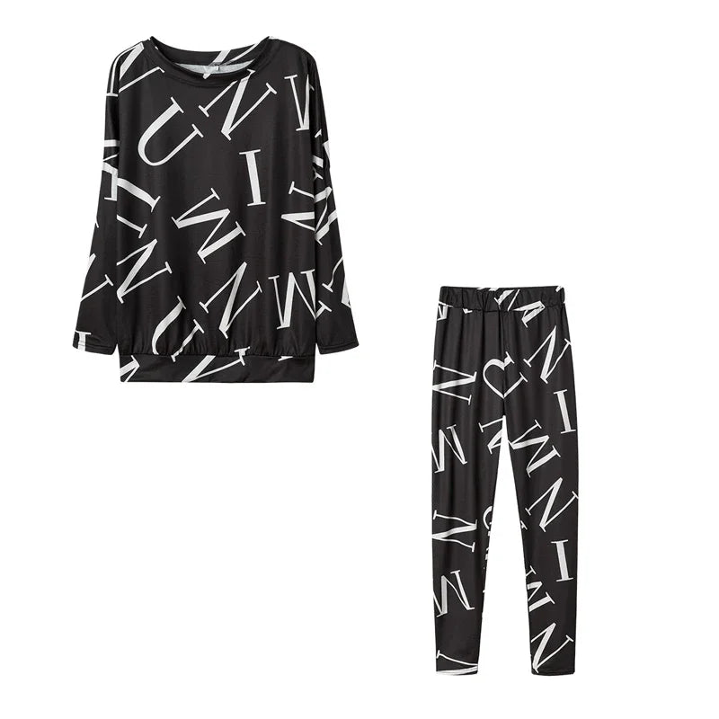 Women’s European & American Style Letter Printed Long Sleeve Pants Casual Suit Style Heaven