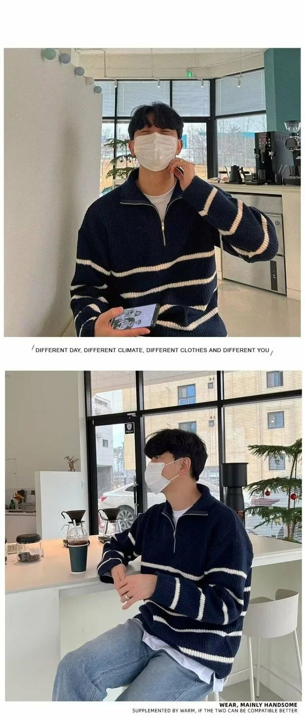 Men’s Korean-Style Striped Knitted Sweater – Mid High Collar Slim Fit Long Sleeve Casual Hoodie - Style Heaven