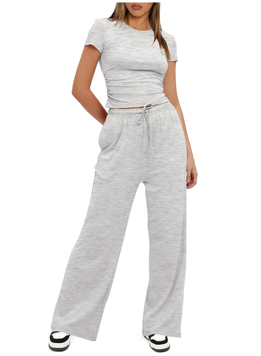 Women's Summer Casual 2-Piece Tracksuit – O-Neck T-Shirt & Wide-Leg Pants Set Style Heaven