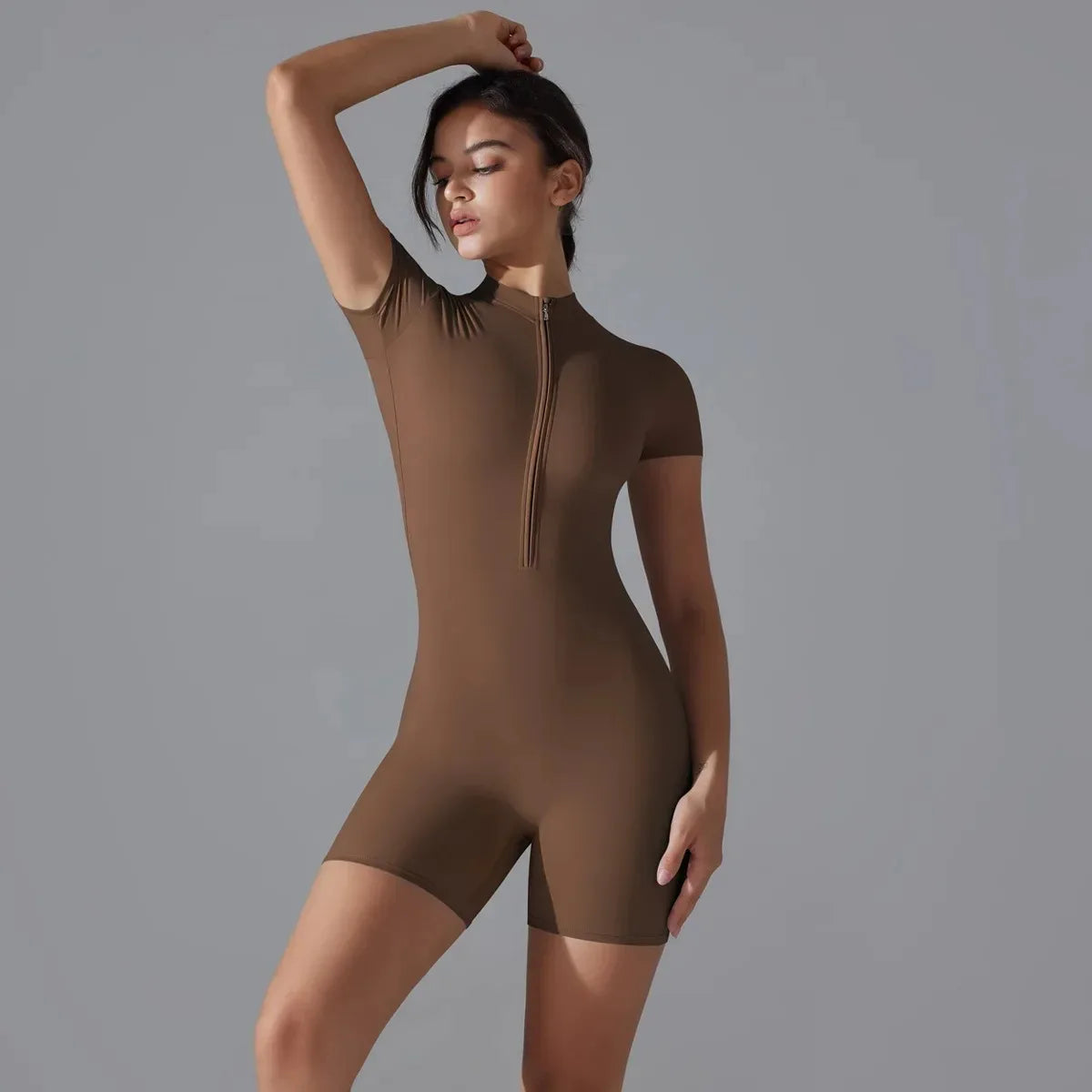 Women's One-Piece Zipper Yoga Jumpsuit – Short Sleeve Push-Up Gym Bodysuit Style Heaven