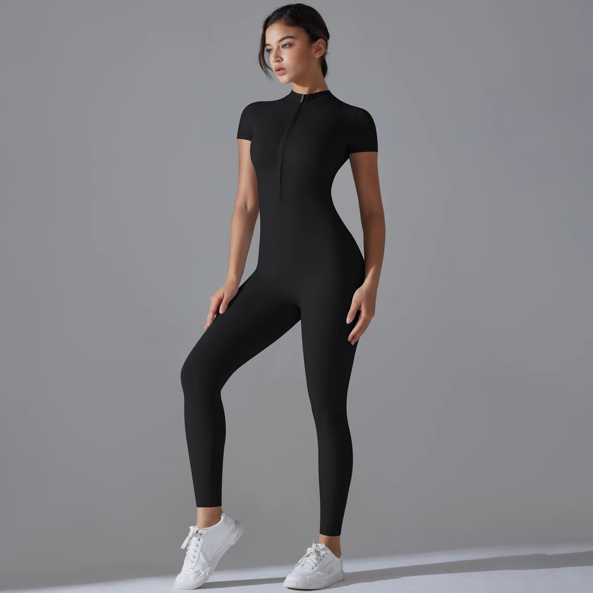 Women’s One-Piece Short Sleeve Yoga Jumpsuit with Zipper – Push-Up Gym Fitness Bodysuit Style Heaven