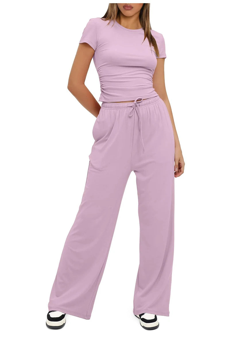 Women's Summer Casual 2-Piece Tracksuit – O-Neck T-Shirt & Wide-Leg Pants Set Style Heaven