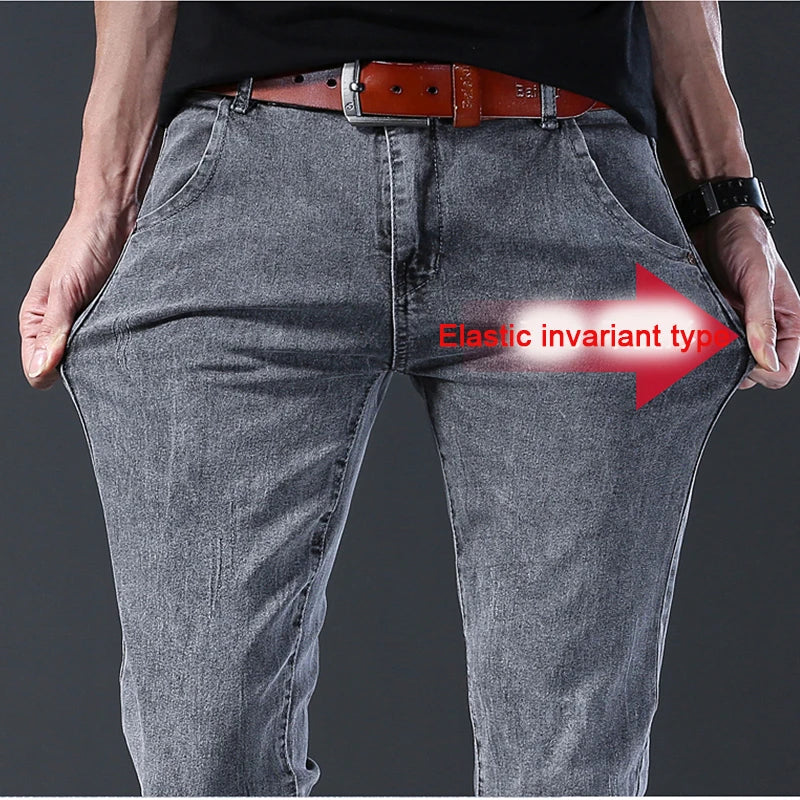 New Style Men’s Slim Fit Jeans – Korean Style Elastic Gray Mid-Waist Denim Pants Style Heaven