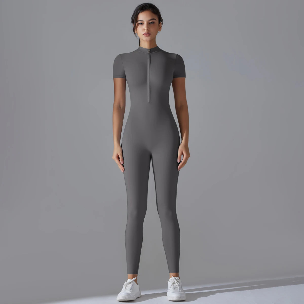 Women’s One-Piece Short Sleeve Yoga Jumpsuit with Zipper – Push-Up Gym Fitness Bodysuit Style Heaven