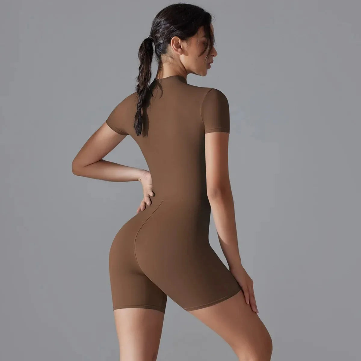 Women's One-Piece Zipper Yoga Jumpsuit – Short Sleeve Push-Up Gym Bodysuit Style Heaven