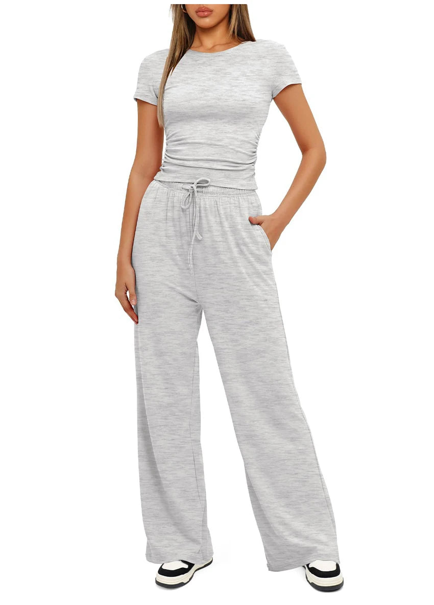 Women's Summer Casual 2-Piece Tracksuit – O-Neck T-Shirt & Wide-Leg Pants Set Style Heaven