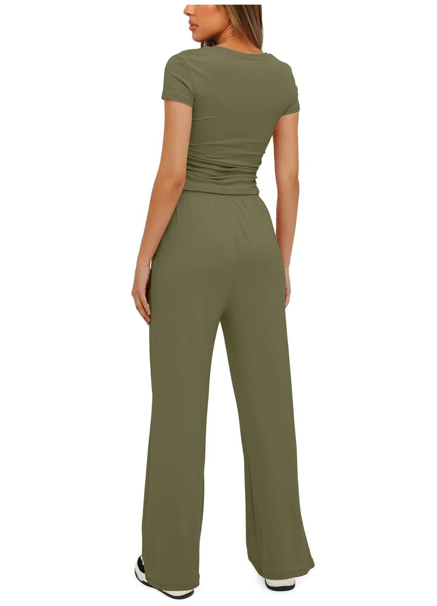 Women's Summer Casual 2-Piece Tracksuit – O-Neck T-Shirt & Wide-Leg Pants Set Style Heaven