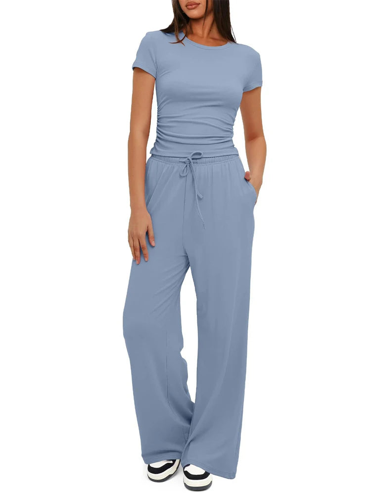 Women's Summer Casual 2-Piece Tracksuit – O-Neck T-Shirt & Wide-Leg Pants Set Style Heaven