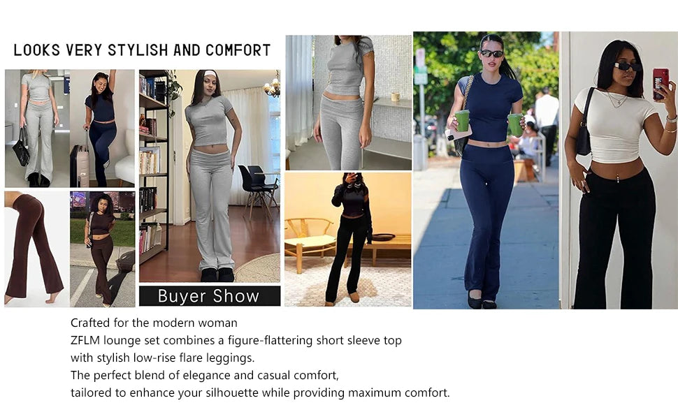 Women's 2-Piece Workout Set – Crew Neck T-Shirt & Low Rise Flare Pants Style Heaven