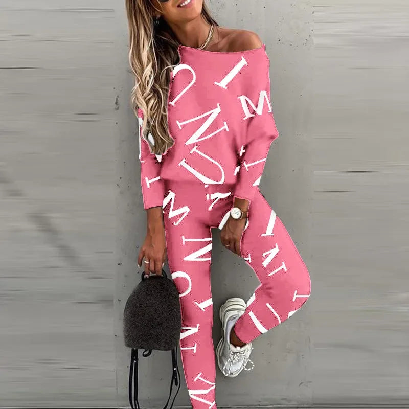 Women’s European & American Style Letter Printed Long Sleeve Pants Casual Suit Style Heaven