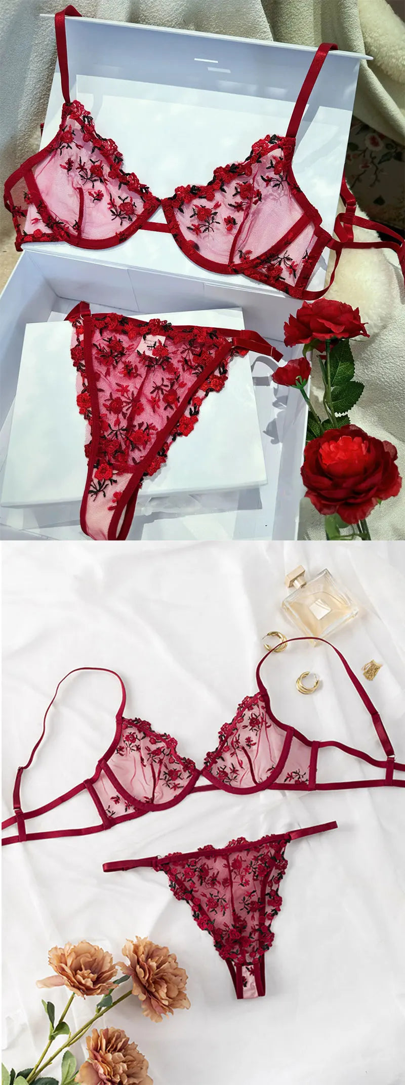 Sexy Transparent Lace Lingerie Set – Flower Embroidered V-Neck See-Through Bra & Panty Style Heaven