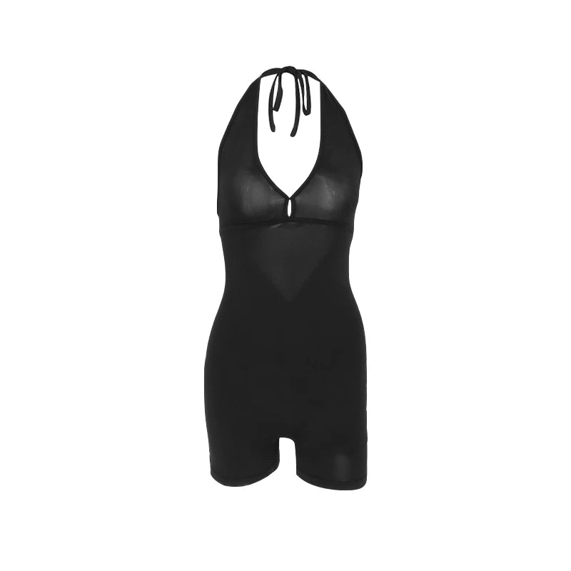 Sexy Backless Playsuit for Women - Sports Fitness Summer Fashion Black Rompers with Hollow Out Bandage & Halter Design Style Heaven