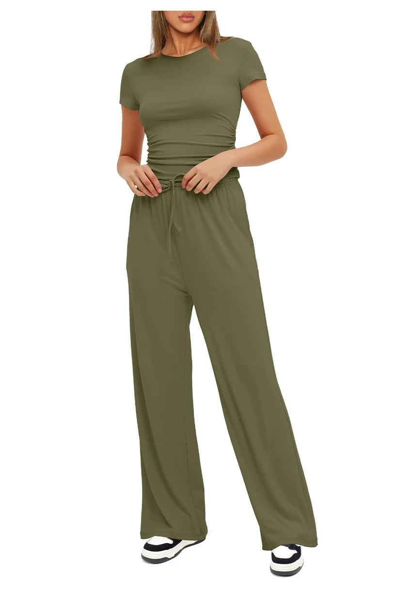 Women's Summer Casual 2-Piece Tracksuit – O-Neck T-Shirt & Wide-Leg Pants Set Style Heaven