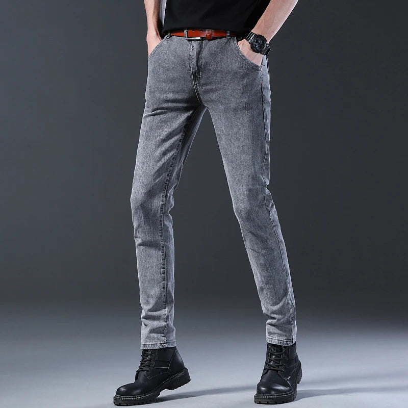 New Style Men’s Slim Fit Jeans – Korean Style Elastic Gray Mid-Waist Denim Pants Style Heaven