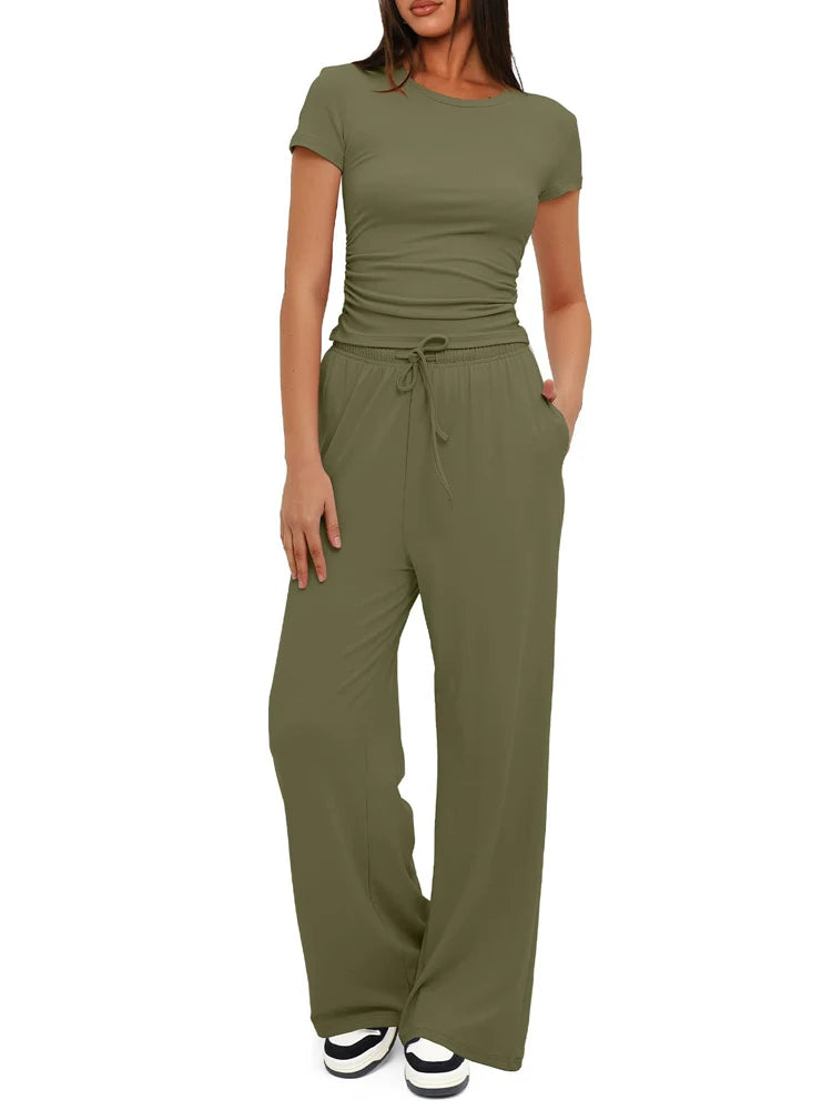 Women's Summer Casual 2-Piece Tracksuit – O-Neck T-Shirt & Wide-Leg Pants Set Style Heaven
