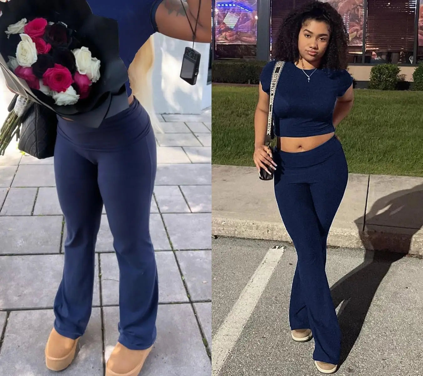 Women's 2-Piece Workout Set – Crew Neck T-Shirt & Low Rise Flare Pants Style Heaven