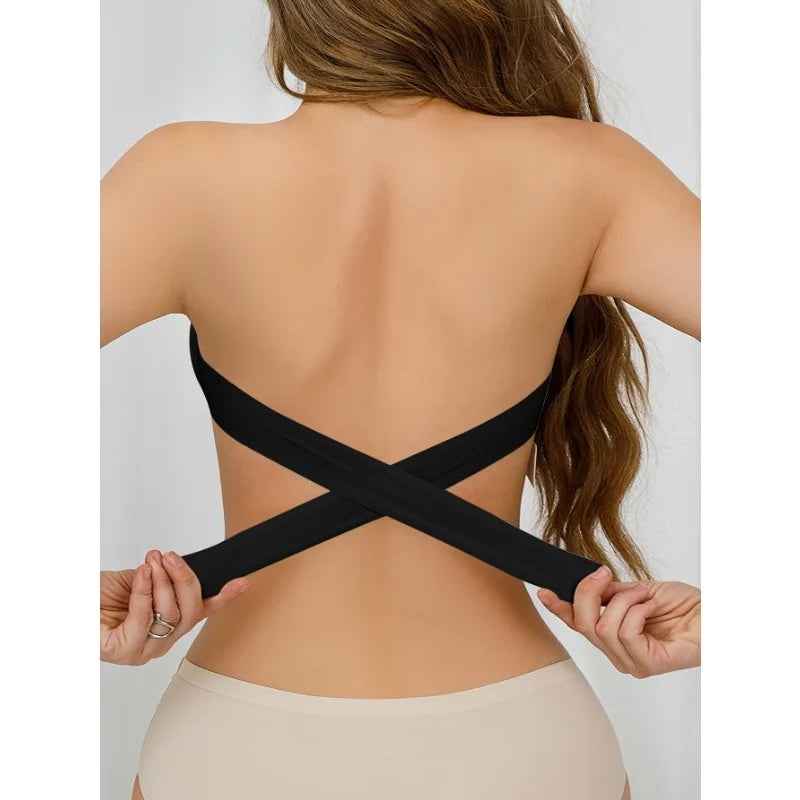 Strapless Side-Clasp Bra – Nylon Knit with Removable Padding & Crisscross Detail Style Heaven
