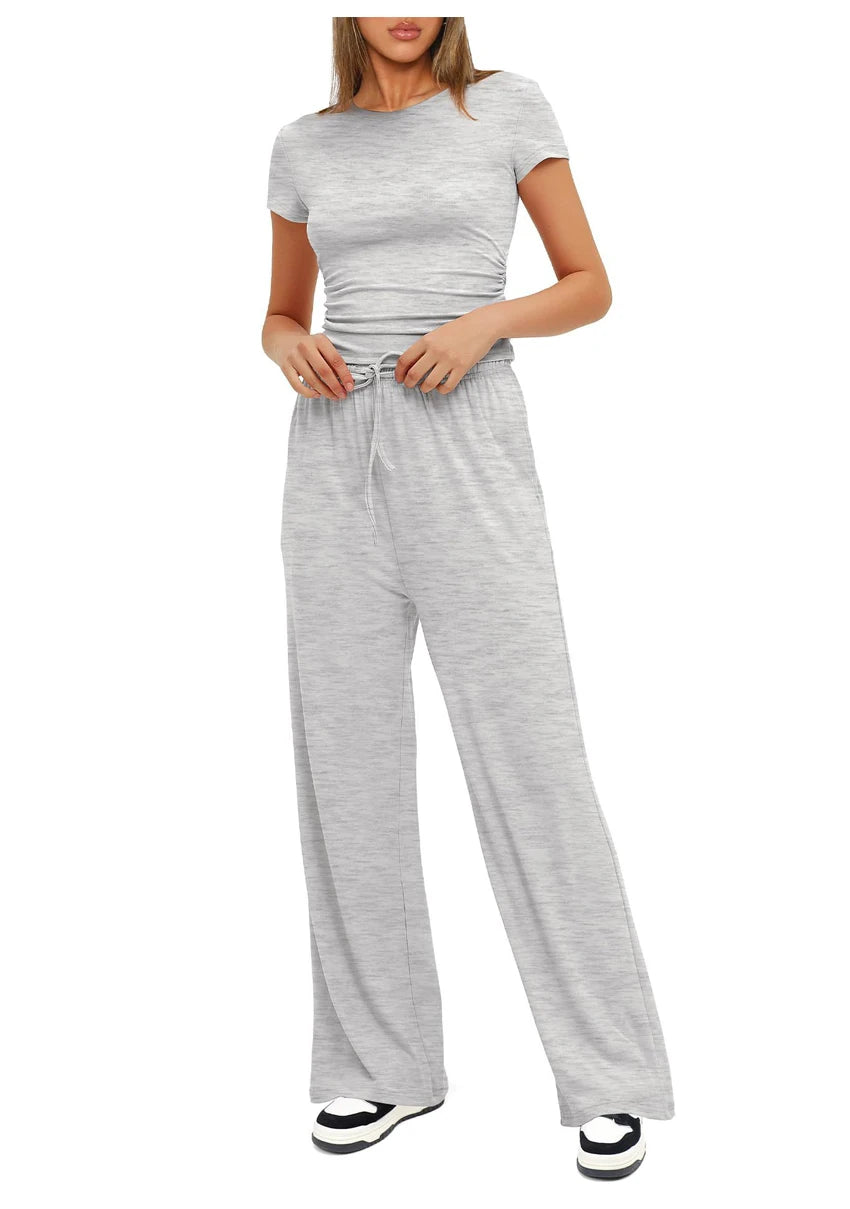 Women's Summer Casual 2-Piece Tracksuit – O-Neck T-Shirt & Wide-Leg Pants Set Style Heaven