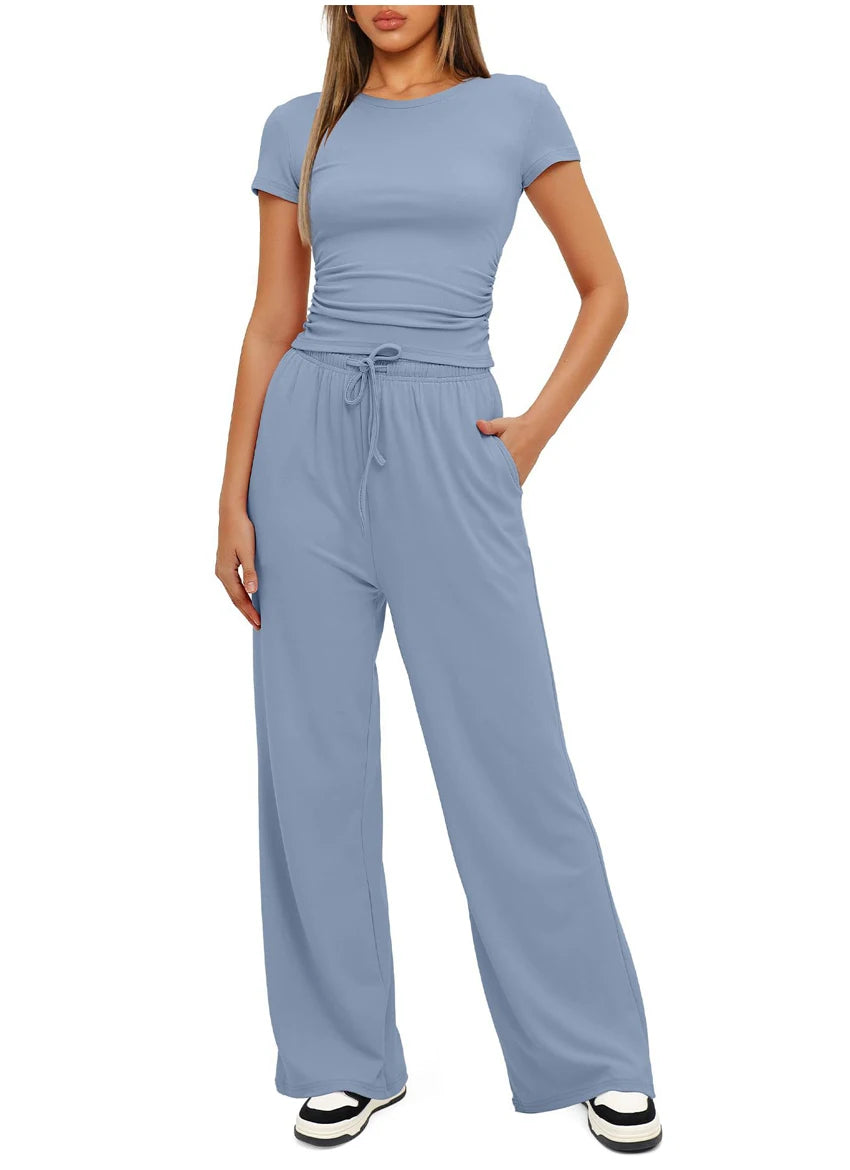 Women's Summer Casual 2-Piece Tracksuit – O-Neck T-Shirt & Wide-Leg Pants Set Style Heaven