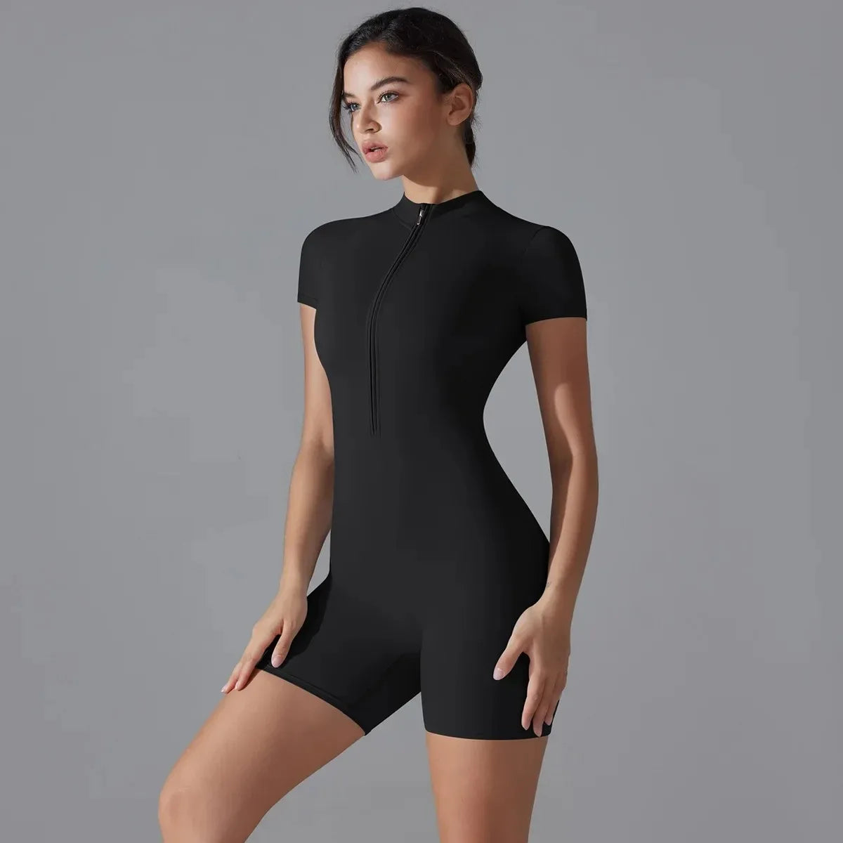 Women's One-Piece Zipper Yoga Jumpsuit – Short Sleeve Push-Up Gym Bodysuit Style Heaven