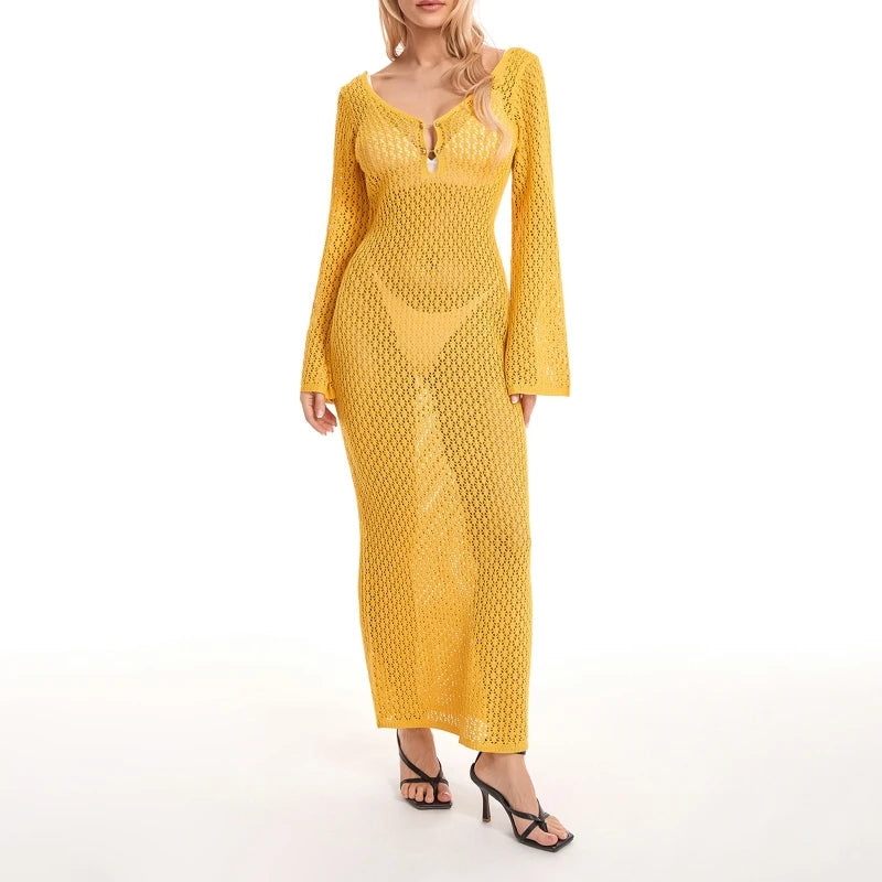 Sexy Women’s Long Knit Beach Dress – Hollow-Out Deep V-Neck Bikini Cover-Up Style Heaven