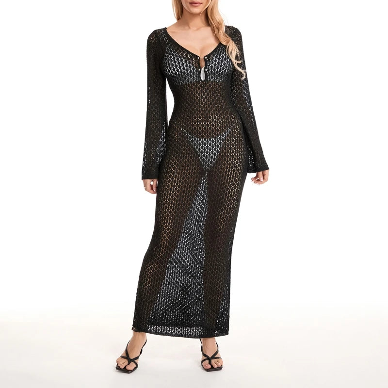 Sexy Women’s Long Knit Beach Dress – Hollow-Out Deep V-Neck Bikini Cover-Up Style Heaven
