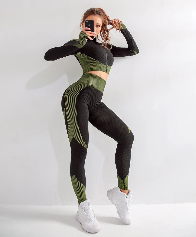 2/3Pcs Women’s Seamless Yoga Suit – Knitted Leggings & Zipper Crop Top Fitness Sportswear Gym Set Style Heaven