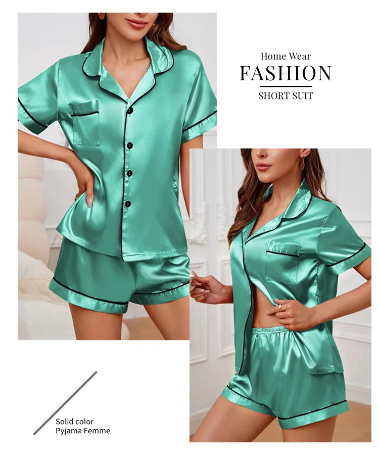 Silk Satin Pajama Set – Button-Down Top & Shorts 2-Piece Sleepwear Style Heaven