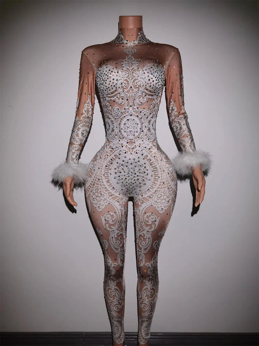 Sexy White Lace Rhinestones Jumpsuit – Singer Stage Bodysuit Costume for Party & Celebration Style Heaven