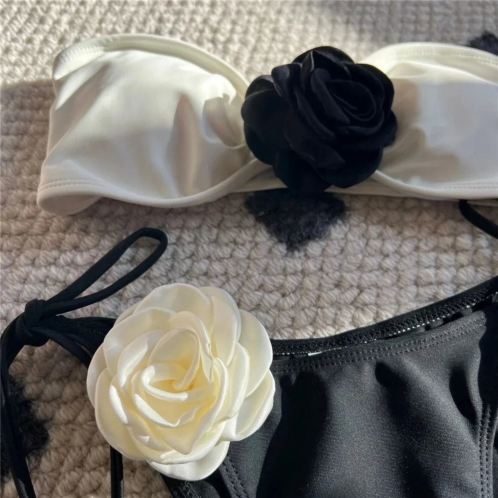 Sexy Flower Bandeau Swimwear Thong Bikini – Lace-Up Brazilian Bikinis Set for Women Style Heaven