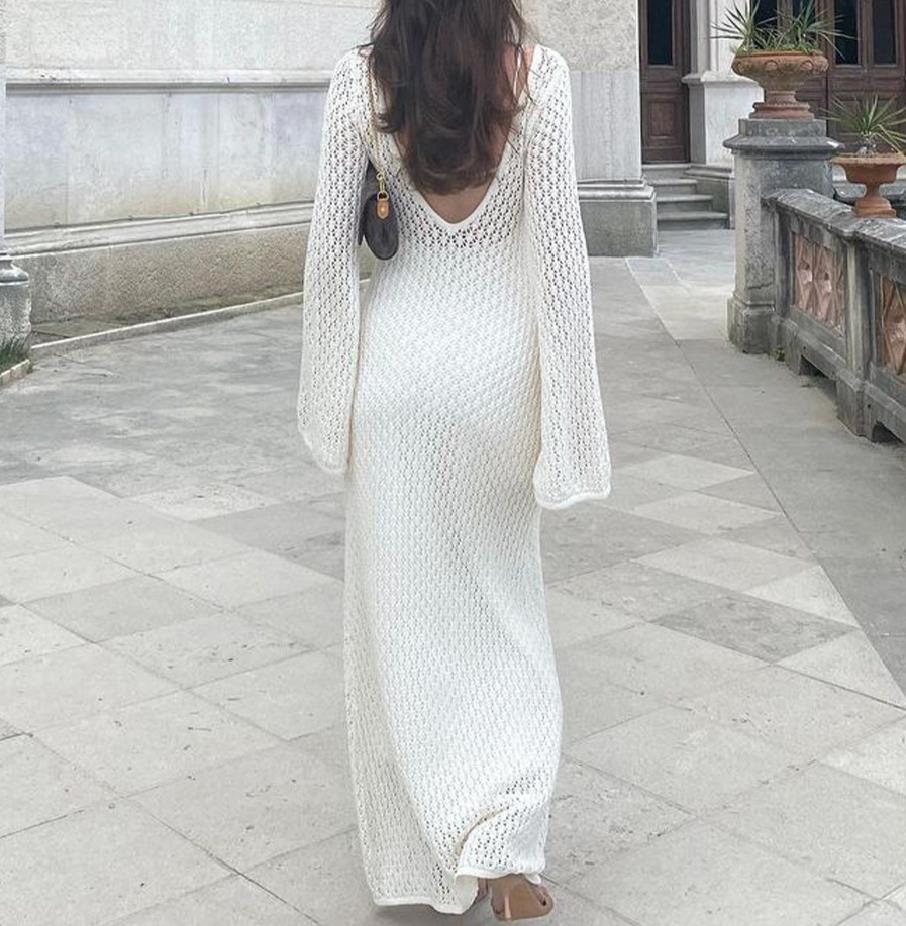 Sexy Women’s Long Knit Beach Dress – Hollow-Out Deep V-Neck Bikini Cover-Up Style Heaven