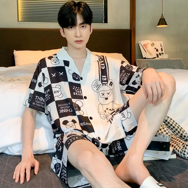 Men’s Ice Silk Pajama Set – Short-Sleeve & Shorts Summer Sleepwear Style Heaven