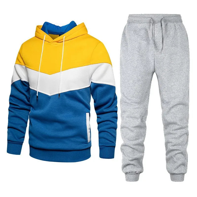 Men’s Autumn & Winter Sportswear Set – 3-Color Block Hoodie & Sweatpants Style Heaven
