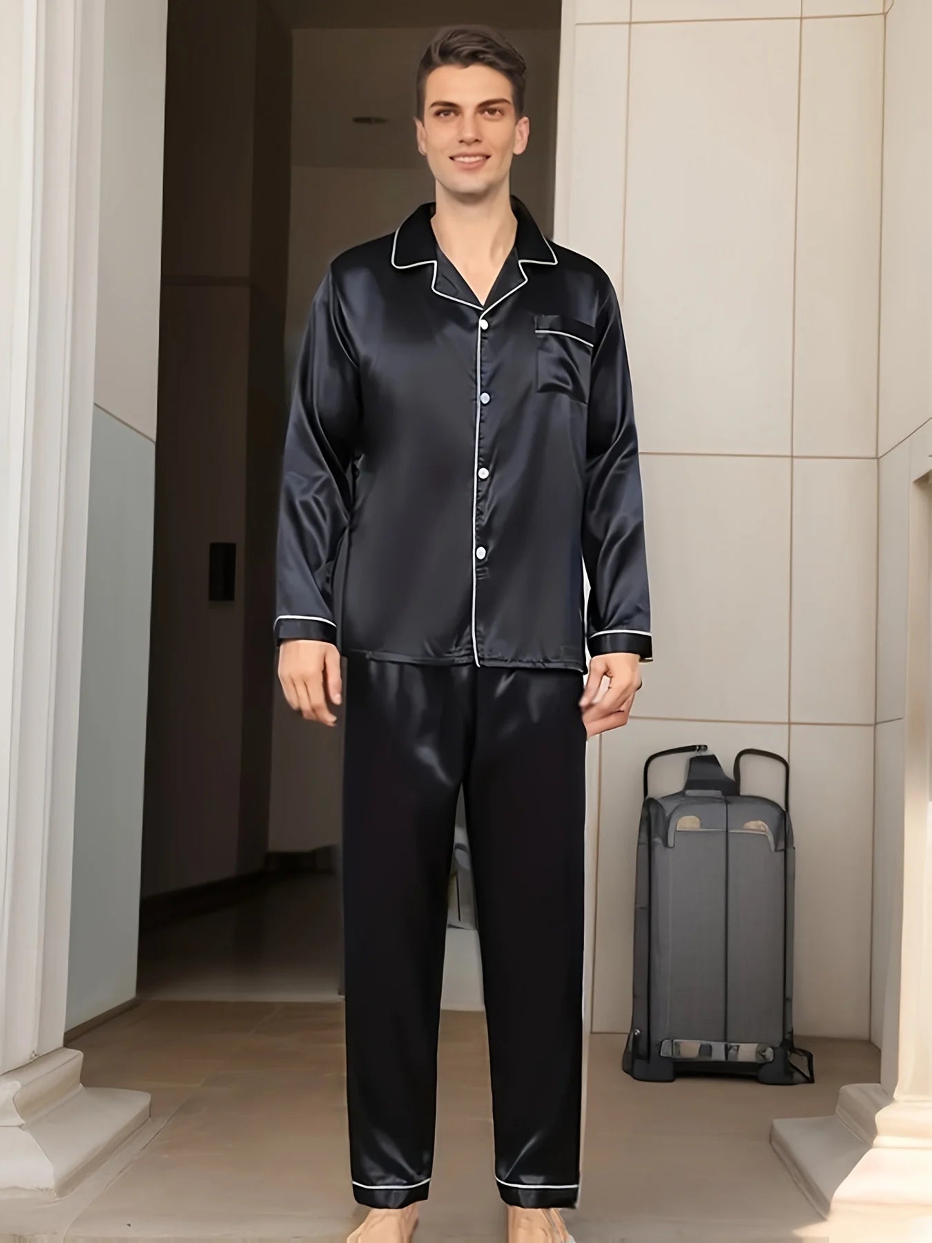 Men’s Silk Satin Pajama Set – Long-Sleeve Winter Sleepwear & Loungewear Style Heaven
