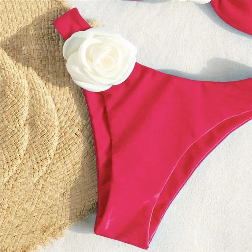 Sexy Flower Bandeau Swimwear Thong Bikini – Lace-Up Brazilian Bikinis Set for Women Style Heaven