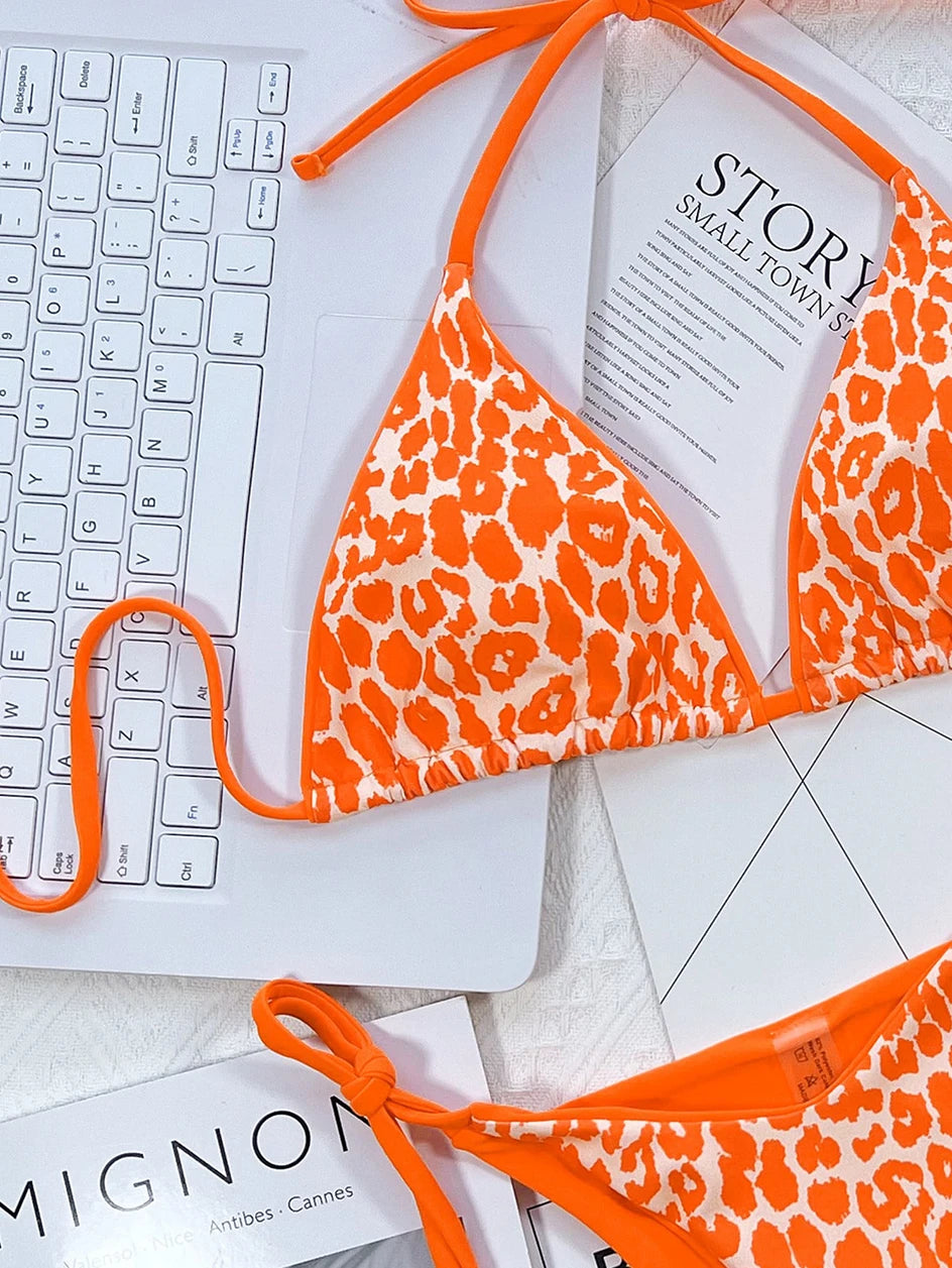 2024 Sexy Leopard Micro Bikini – Women’s Brazilian Halter Swimwear Set with Lace-Up Design Style Heaven