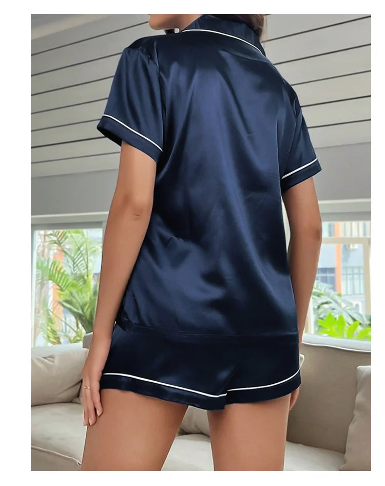 Silk Satin Pajama Set – Button-Down Top & Shorts 2-Piece Sleepwear Style Heaven