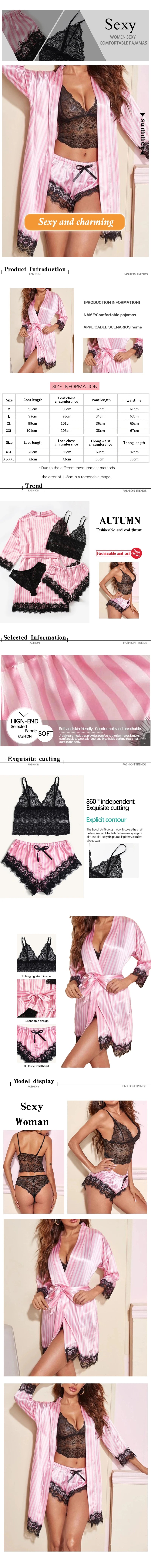4-Piece Satin & Lace Pajama Set – Pink & White Striped Sleepwear Style Heaven