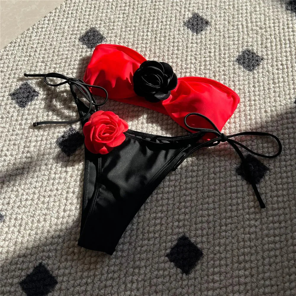 Sexy Flower Bandeau Swimwear Thong Bikini – Lace-Up Brazilian Bikinis Set for Women Style Heaven
