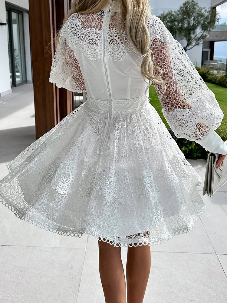 Spring Summer Women's Solid O-Neck Mini Dress – Fashion Hollow Out Lantern Sleeve Party Dress Style Heaven
