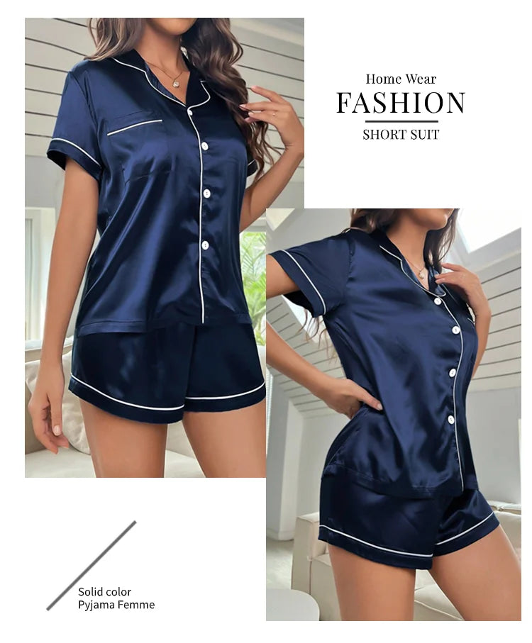 Silk Satin Pajama Set – Button-Down Top & Shorts 2-Piece Sleepwear Style Heaven