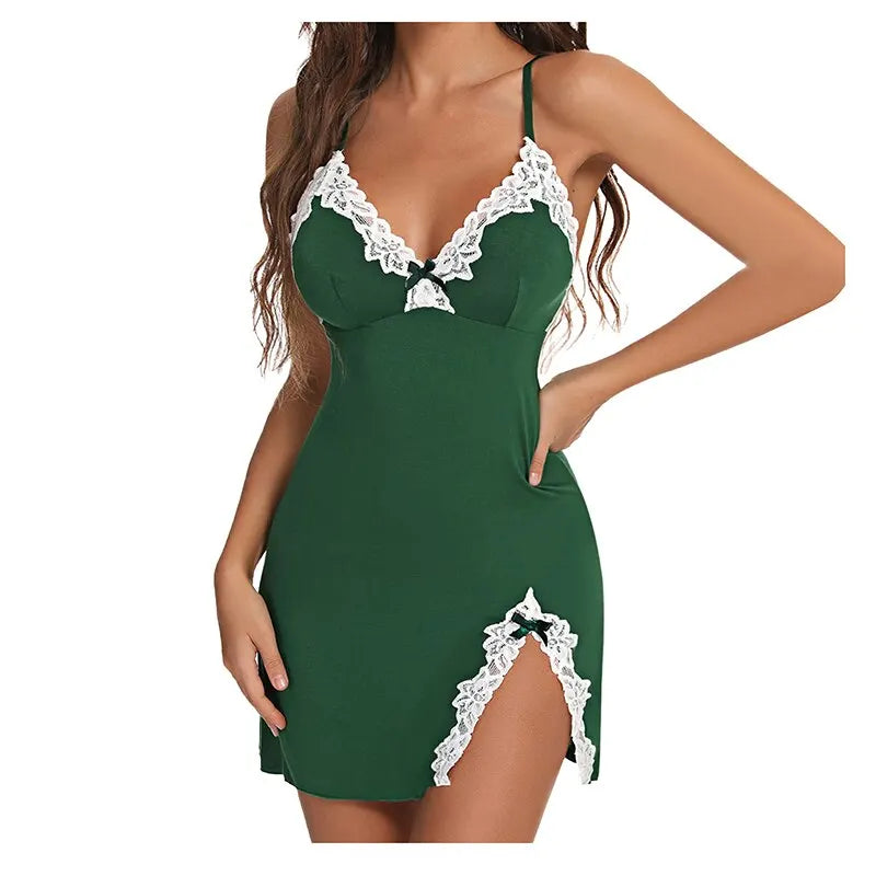 Sexy Lace Silk Satin Nightgown – V-Neck Split Hem Sleepwear Style Heaven