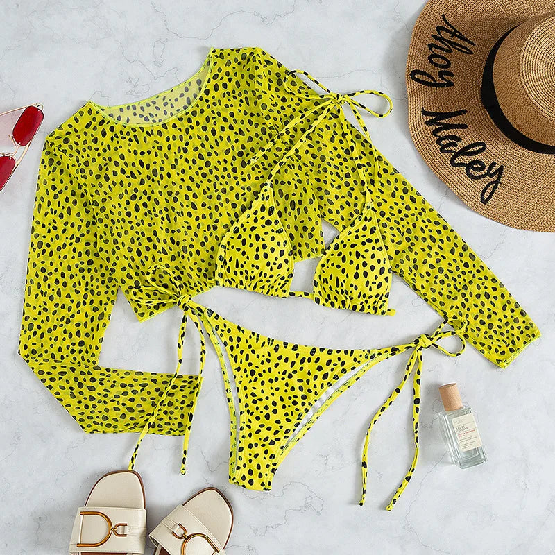 Leopard Print 3-Piece Micro Bikini Set – Halter Top, Low Waist Bottoms & Cover-Up - Style Heaven