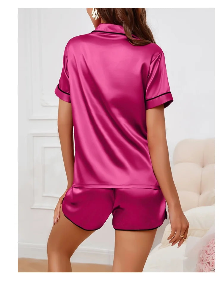 Women’s Heart Embroidered Pajama Set – Short Sleeve Button-Down & Shorts Style Heaven