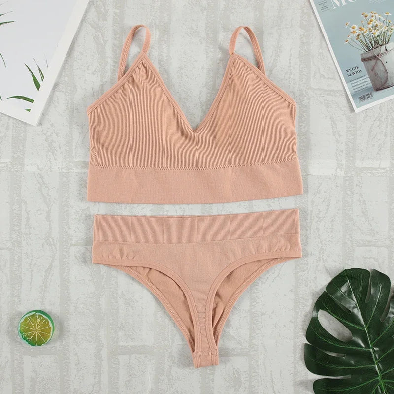2-Piece Seamless Bralette & G-String Set – Soft Tank Crop Lingerie